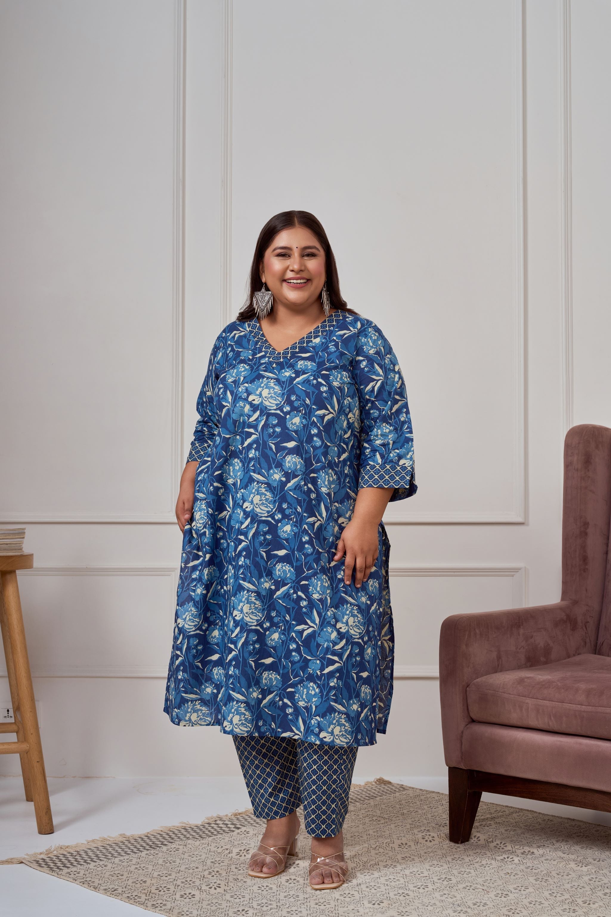 Women's Blue Bagru Print Cotton Kurta Set(Set Of 2) - Nangalia Ruchira