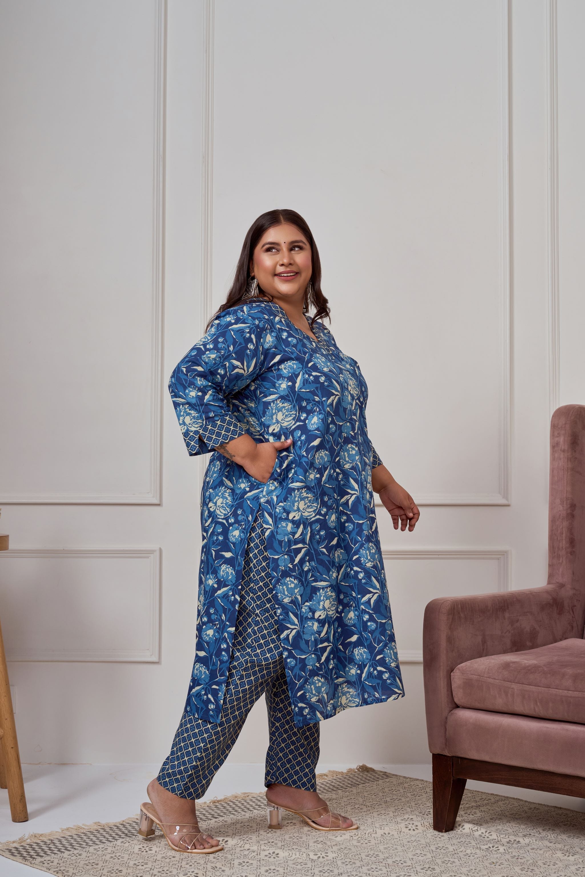 Women's Blue Bagru Print Cotton Kurta Set(Set Of 2) - Nangalia Ruchira