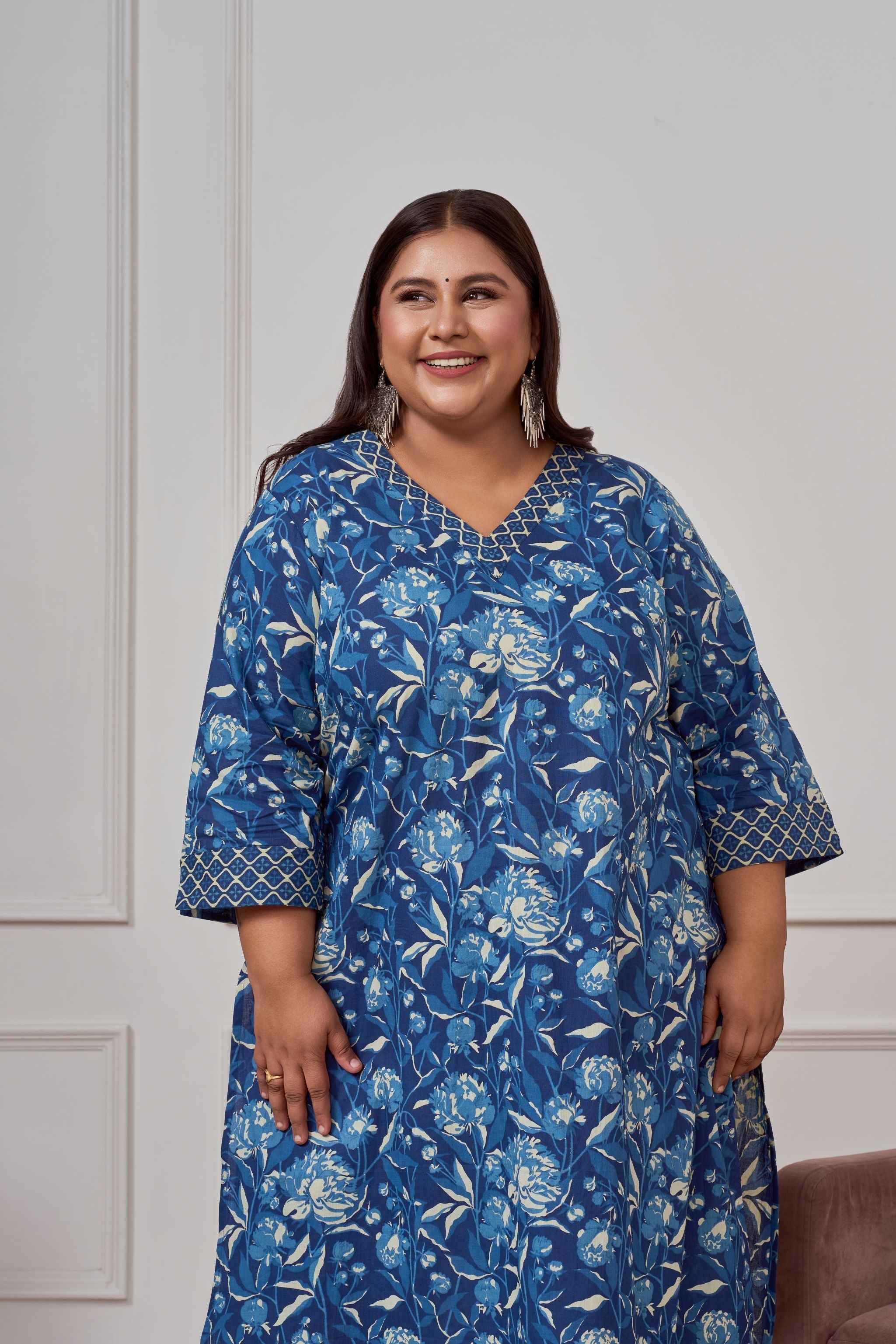 Women's Blue Bagru Print Cotton Kurta Set(Set Of 2) - Nangalia Ruchira