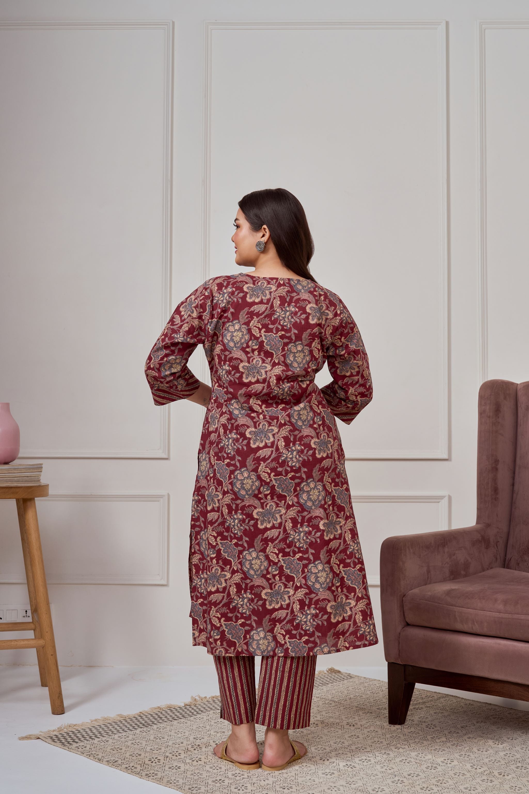 Women's Maroon Bagru Print Cotton Kurta Set(Set Of 2) - Nangalia Ruchira