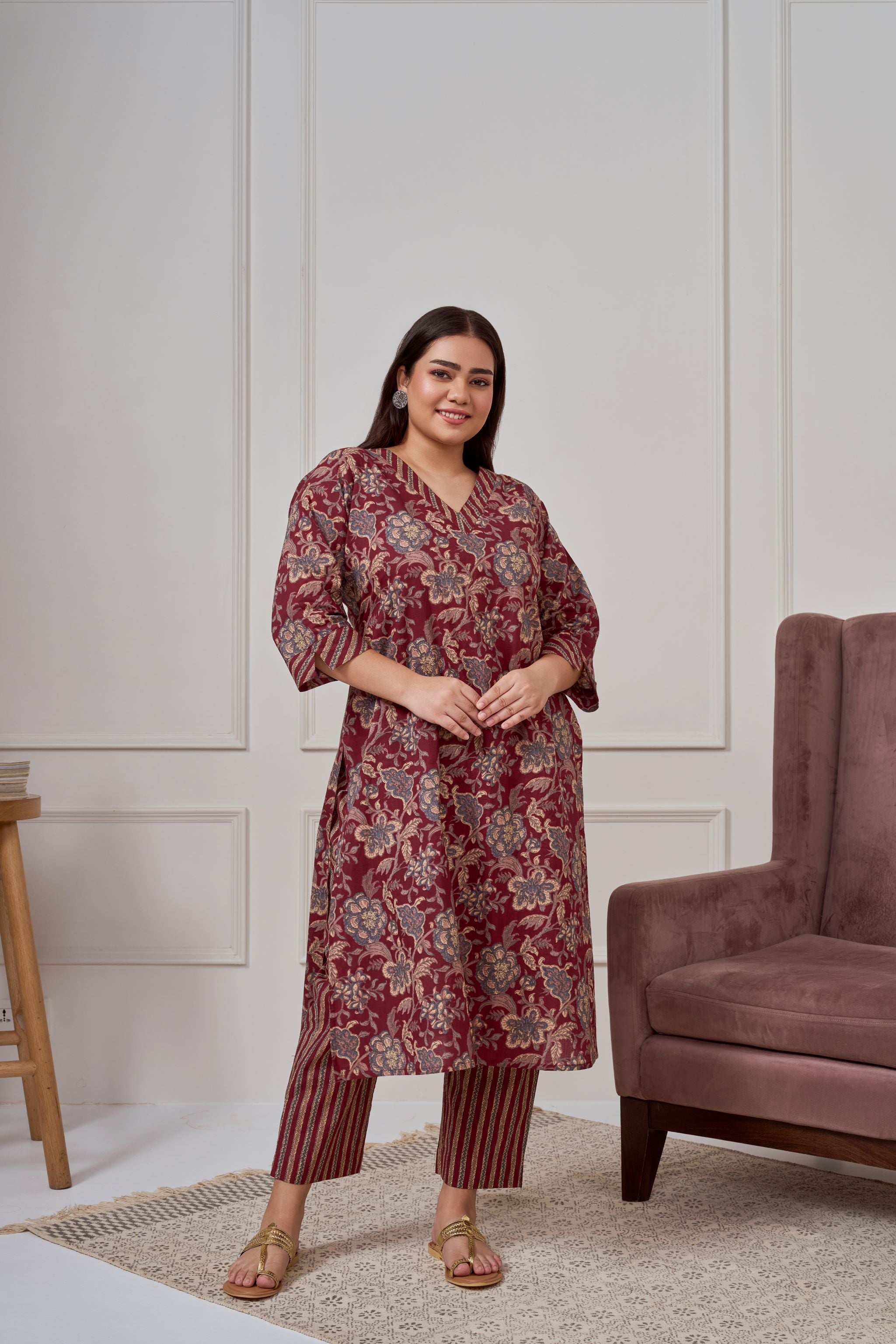 Women's Maroon Bagru Print Cotton Kurta Set(Set Of 2) - Nangalia Ruchira