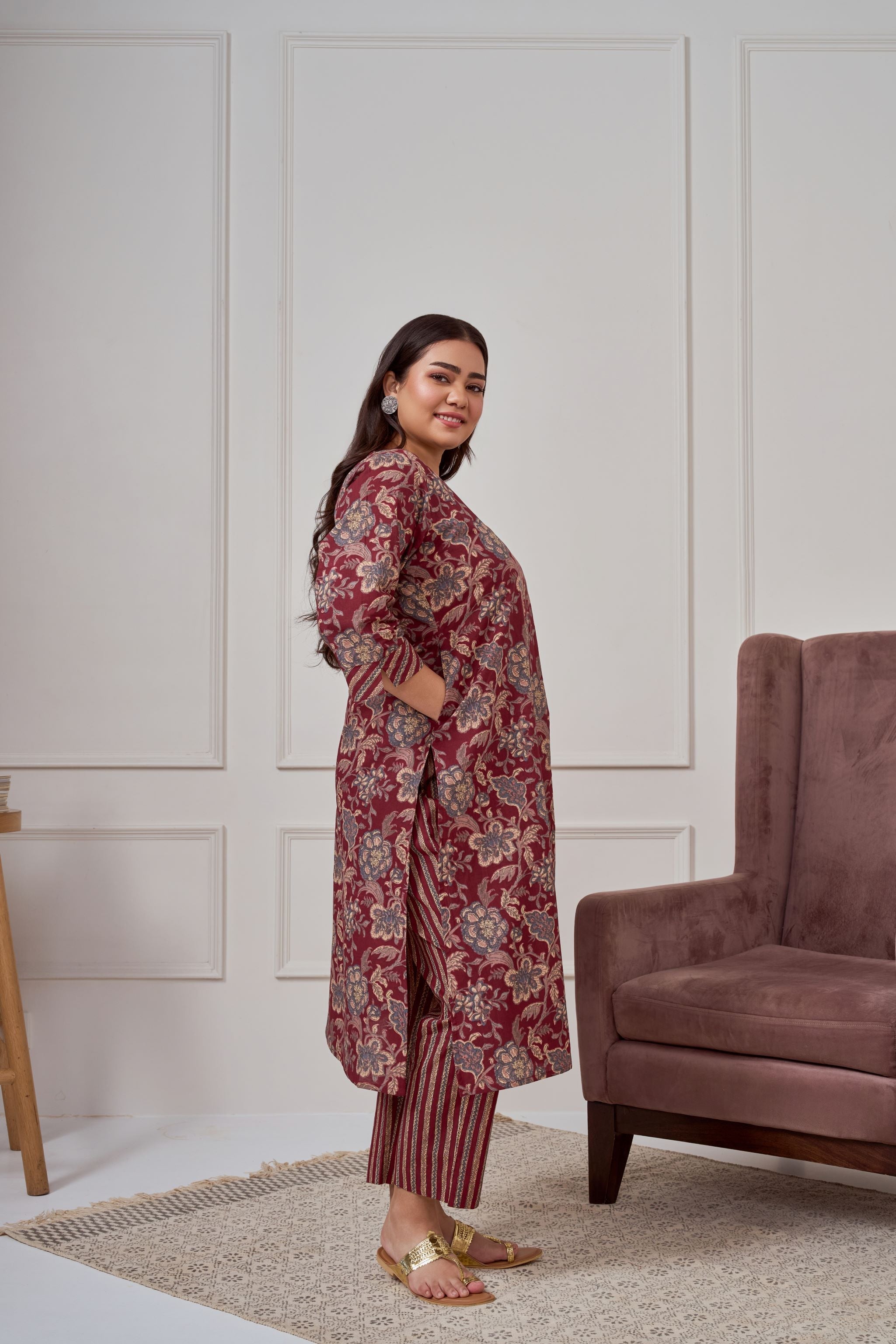 Women's Maroon Bagru Print Cotton Kurta Set(Set Of 2) - Nangalia Ruchira