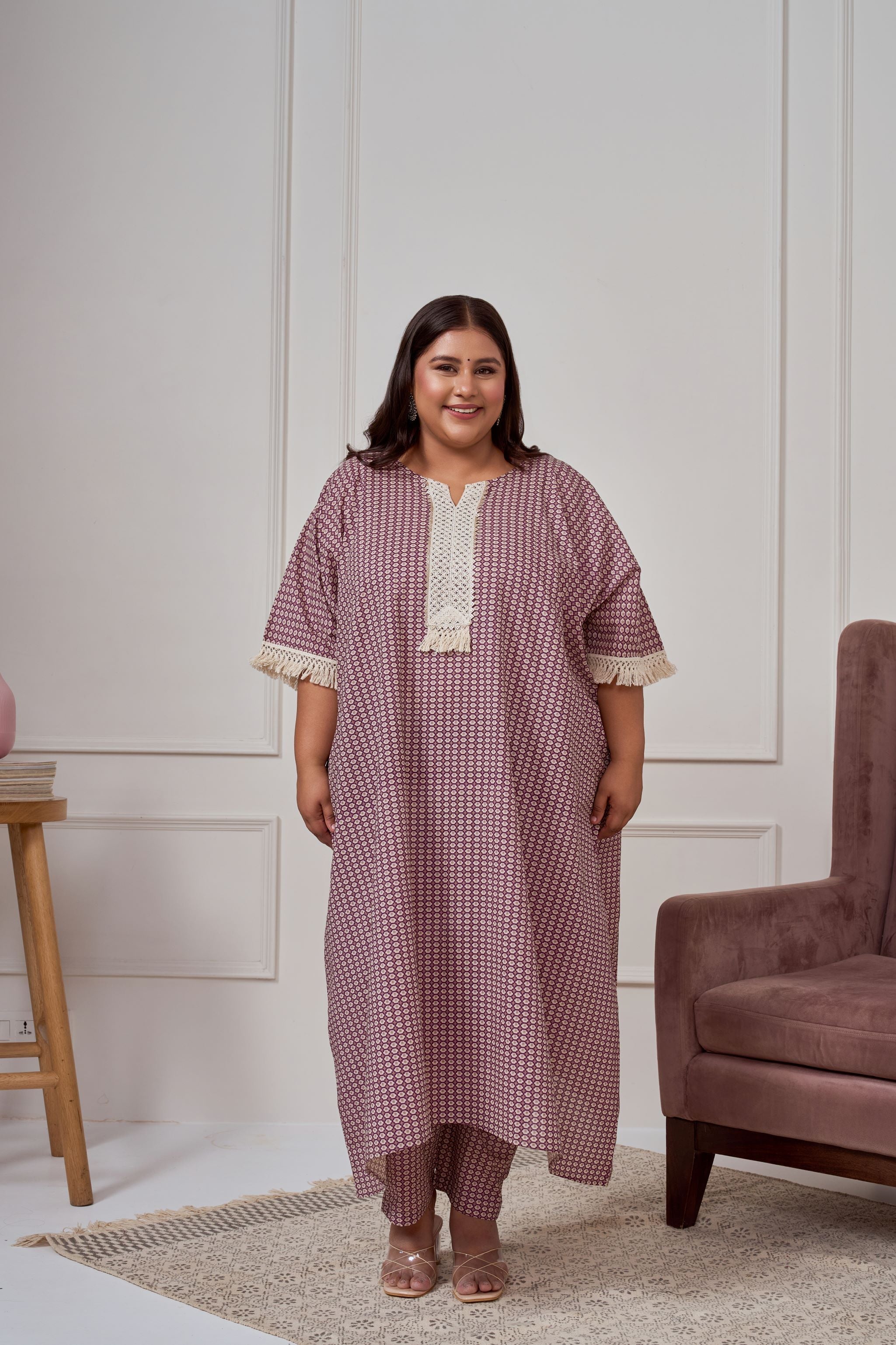 Women's Wine Geomtric Print Co-Ord Set With Lace Accents - Nangalia Ruchira