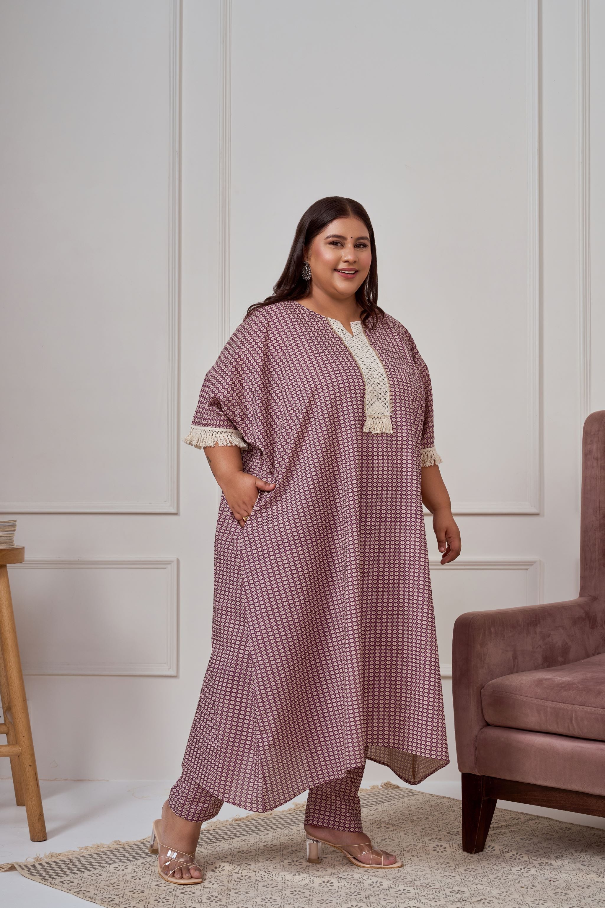 Women's Wine Geomtric Print Co-Ord Set With Lace Accents - Nangalia Ruchira