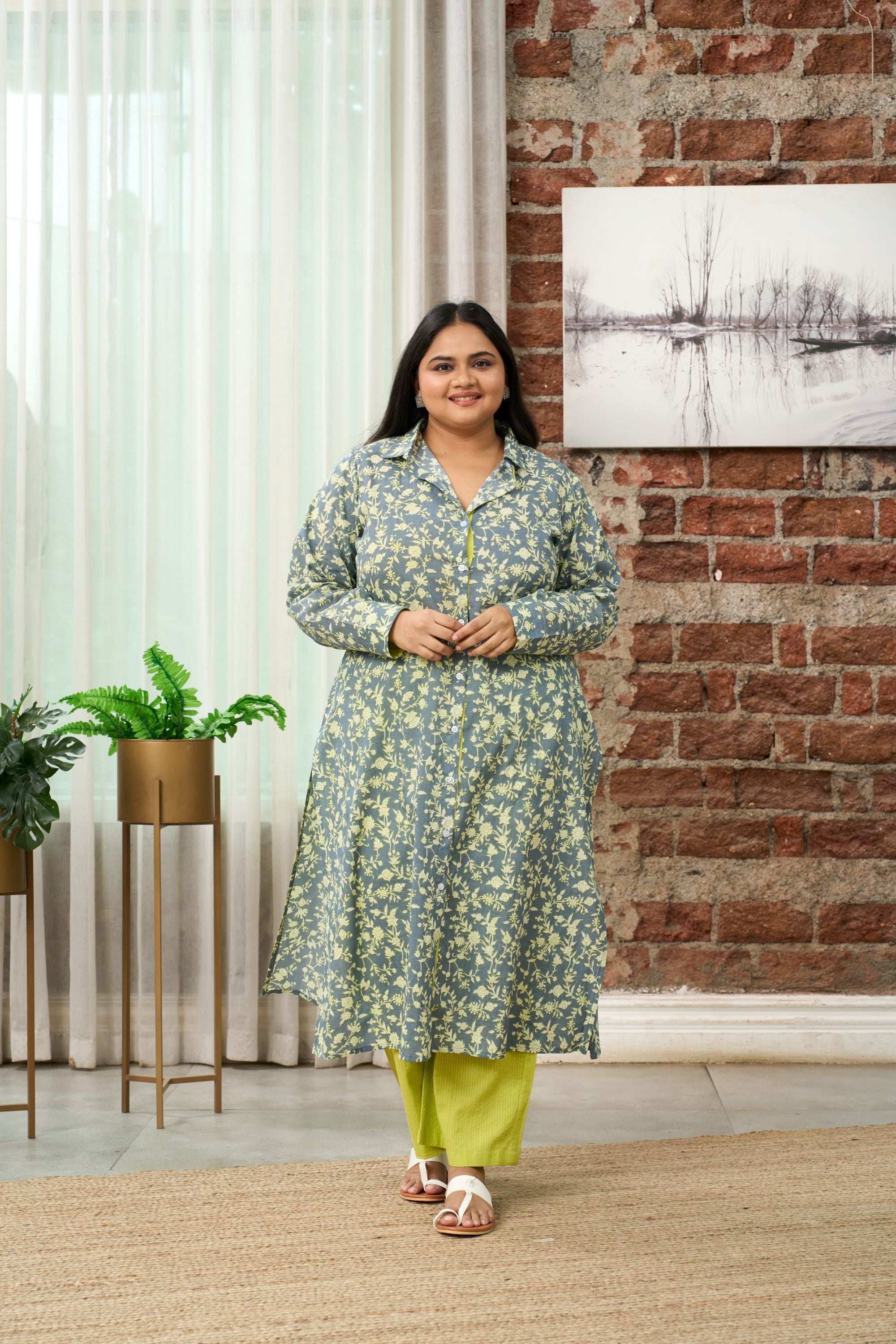 Women's Floral-Printed Teal And Lime Green Kurta Set - (Set Of 2) - Nangalia Ruchira