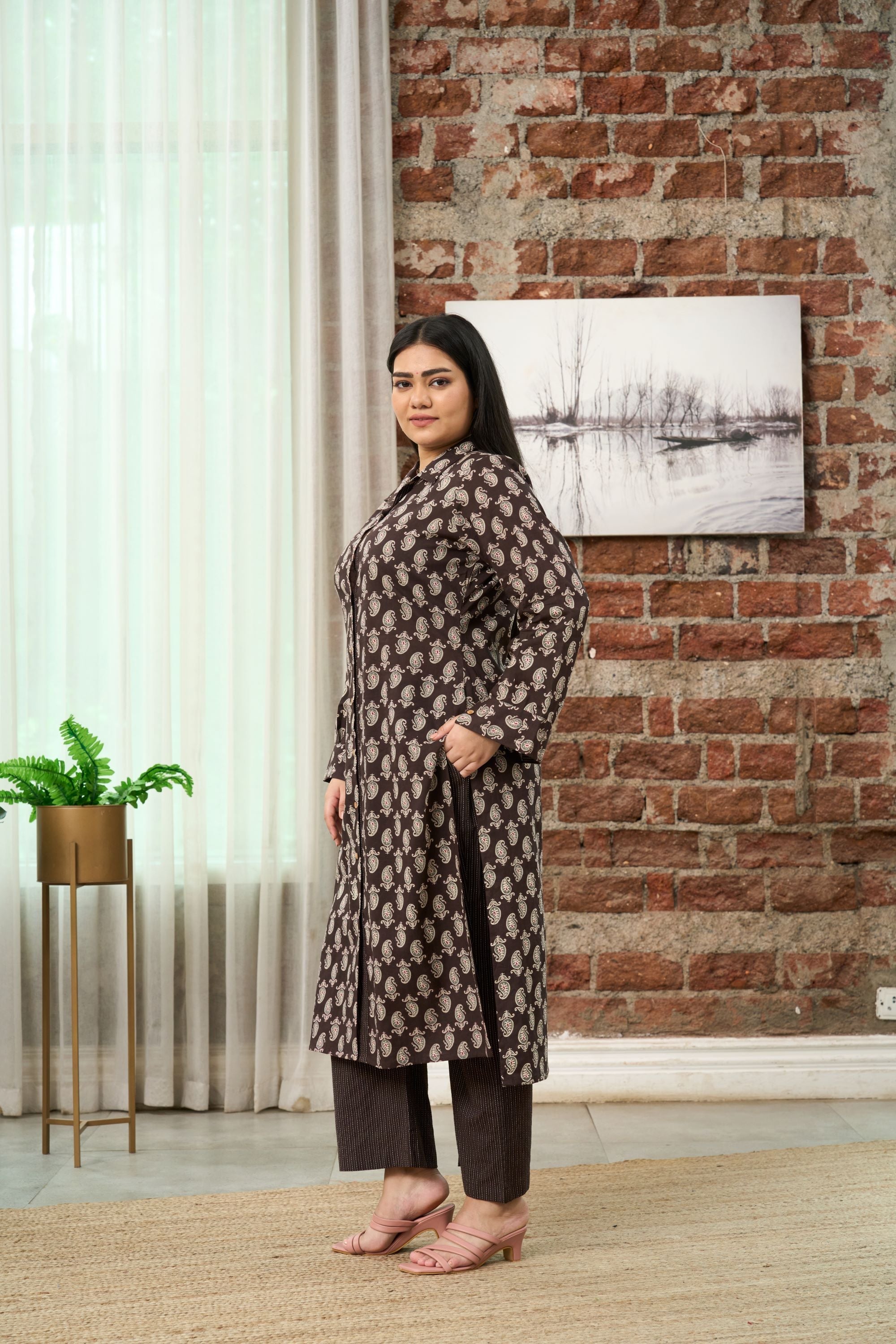 Women's Brown Printed Kurta With Kantha Pants - Nangalia Ruchira