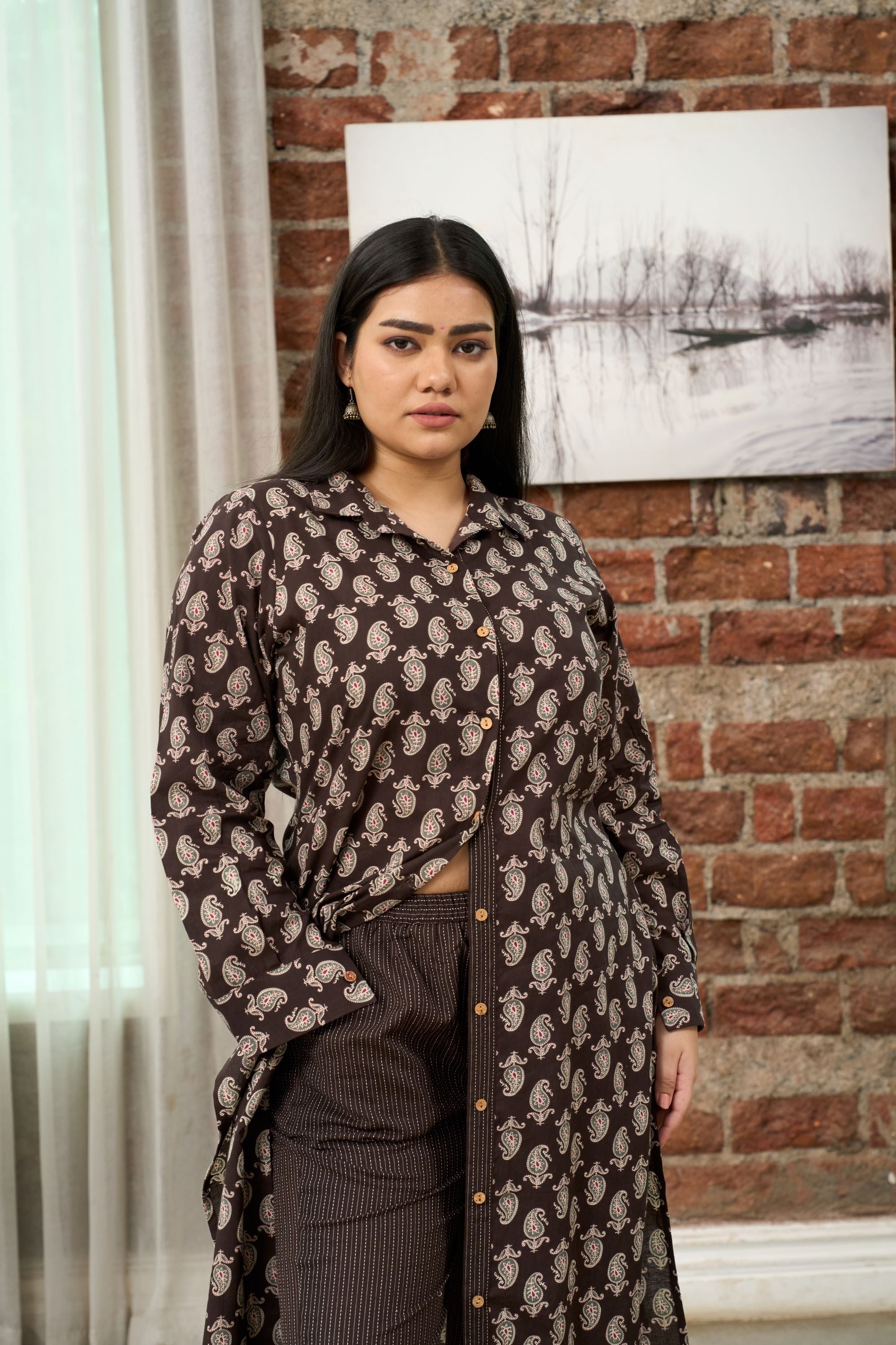 Women's Brown Printed Kurta With Kantha Pants - Nangalia Ruchira