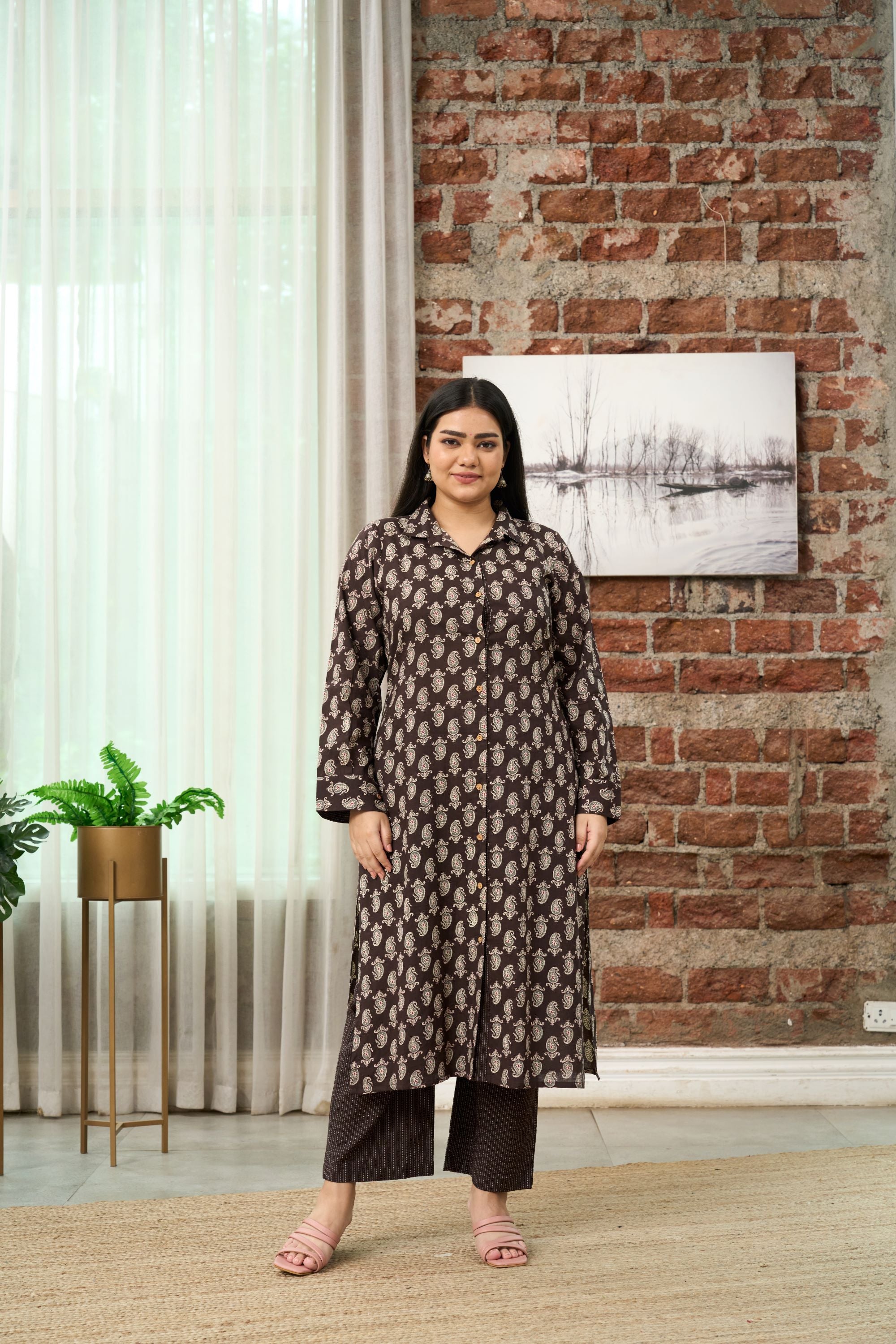 Women's Brown Printed Kurta With Kantha Pants - Nangalia Ruchira