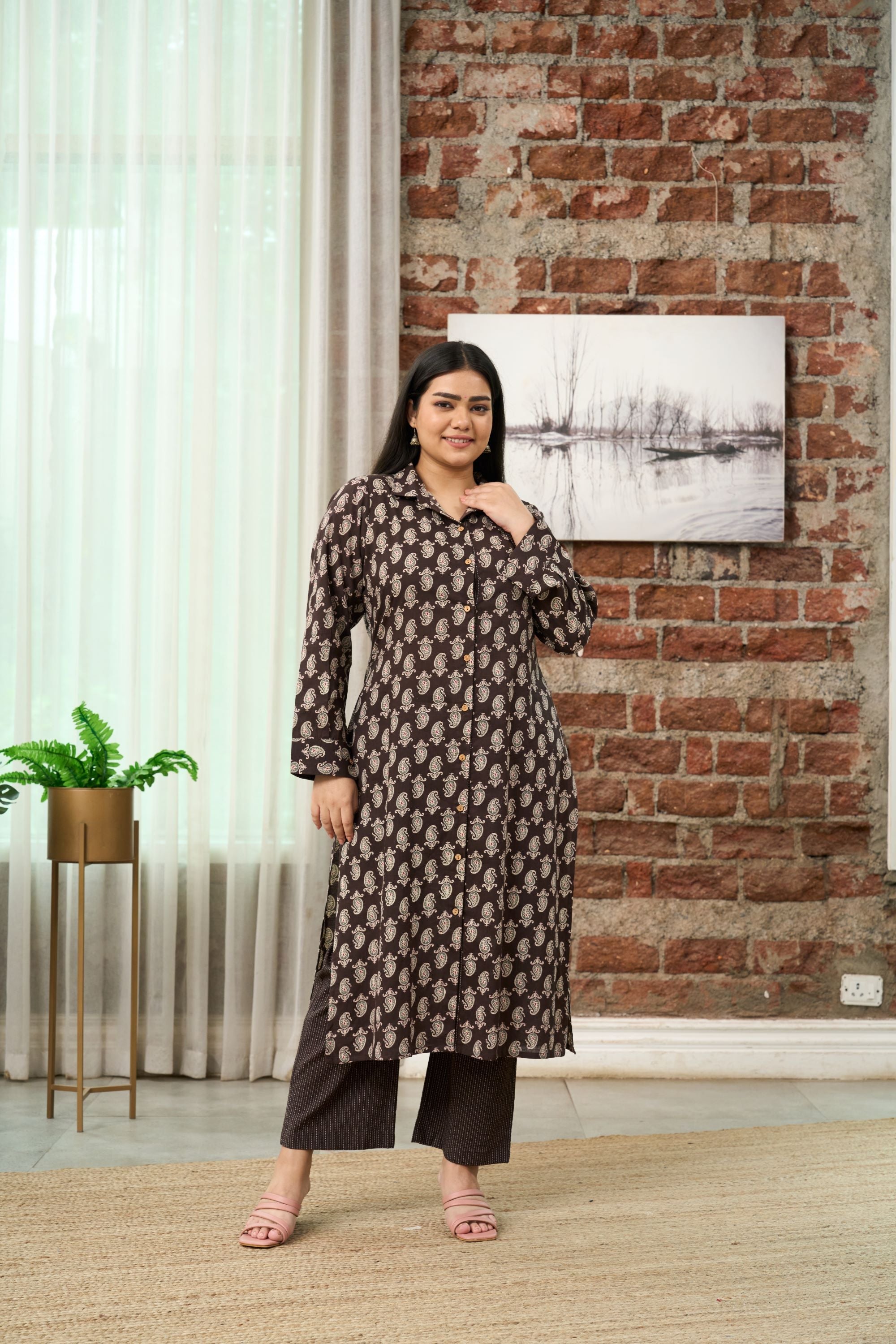 Women's Brown Printed Kurta With Kantha Pants - Nangalia Ruchira