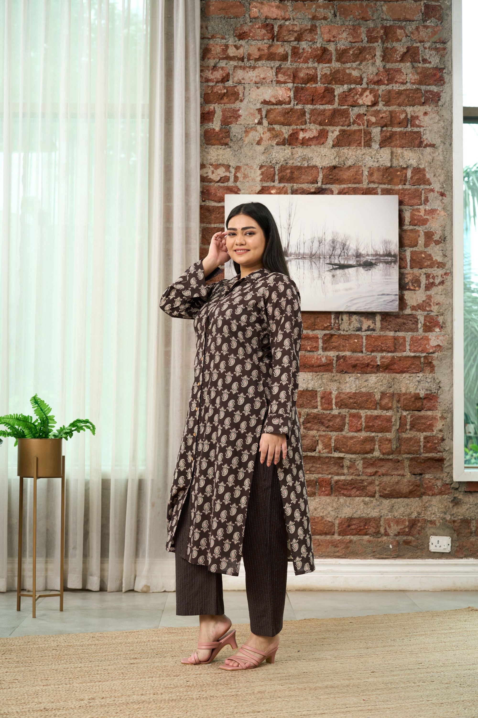 Women's Brown Printed Kurta With Kantha Pants - Nangalia Ruchira