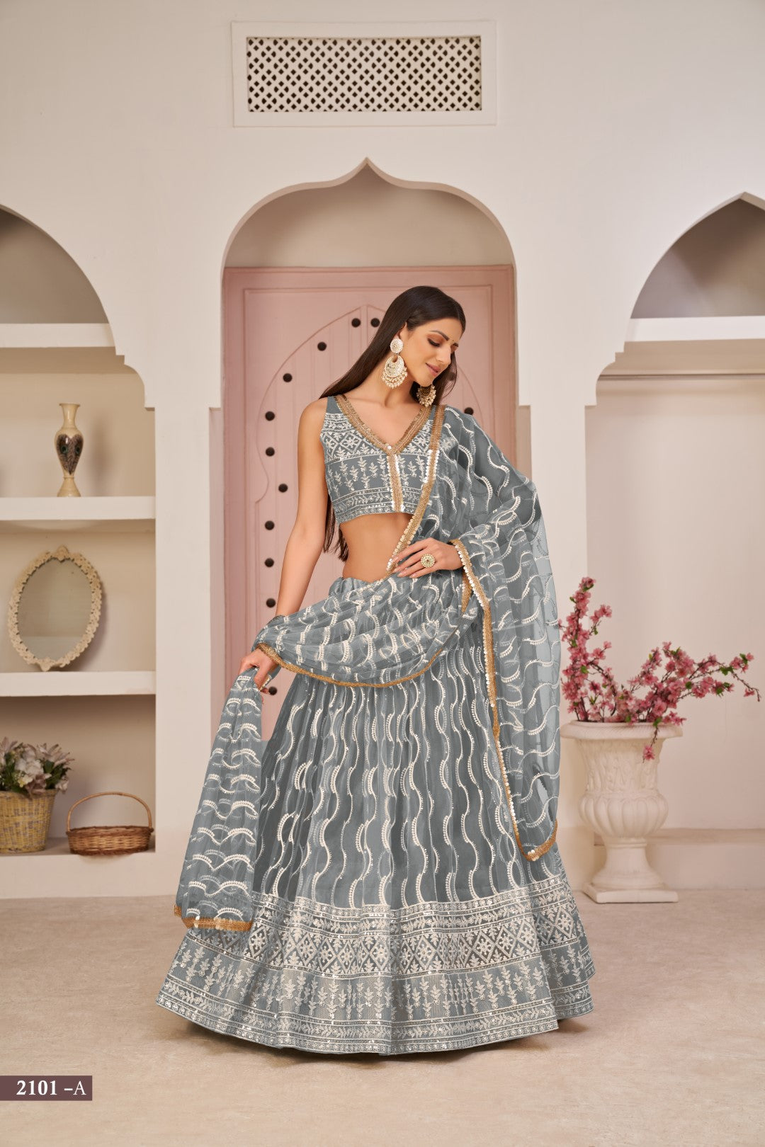 Women's Grey Net Thread Embroidery Lehenga Set - Gruhnaree