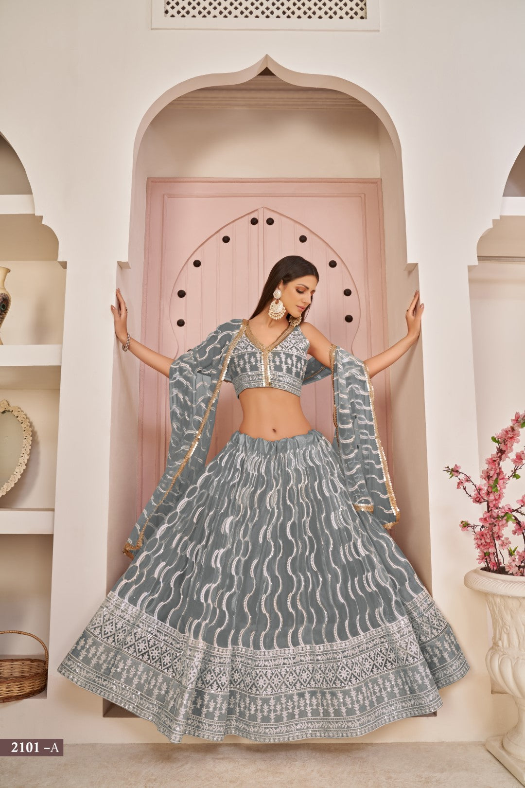 Women's Grey Net Thread Embroidery Lehenga Set - Gruhnaree