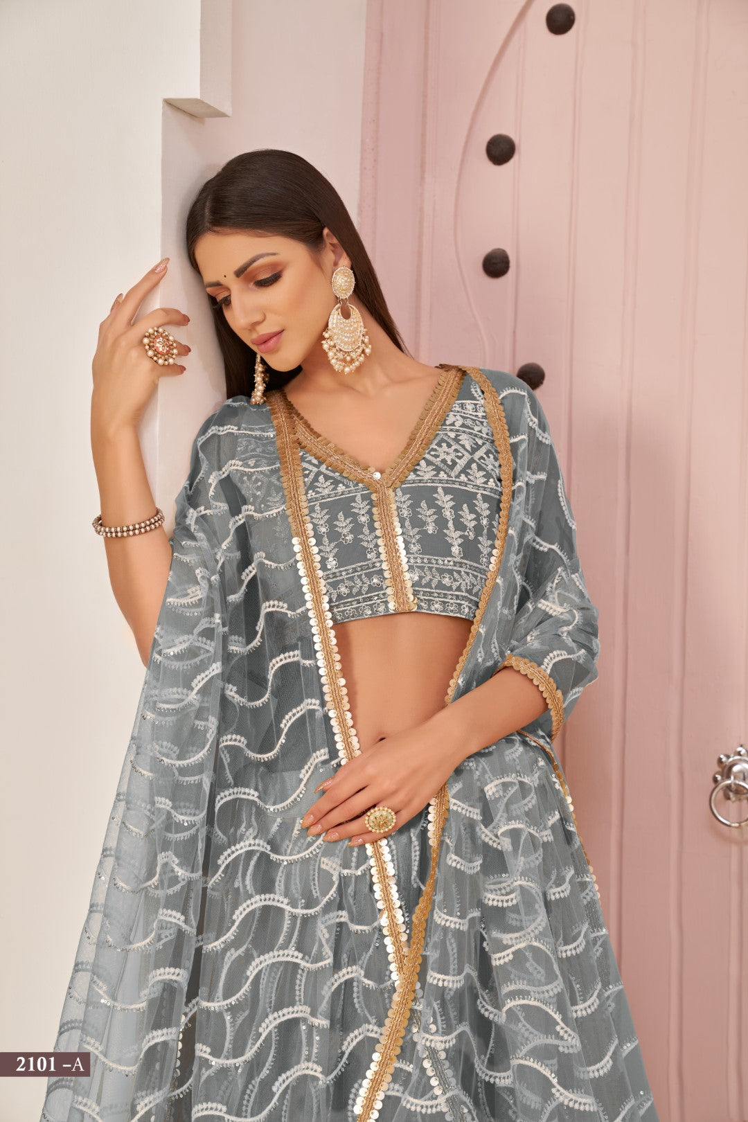 Women's Grey Net Thread Embroidery Lehenga Set - Gruhnaree