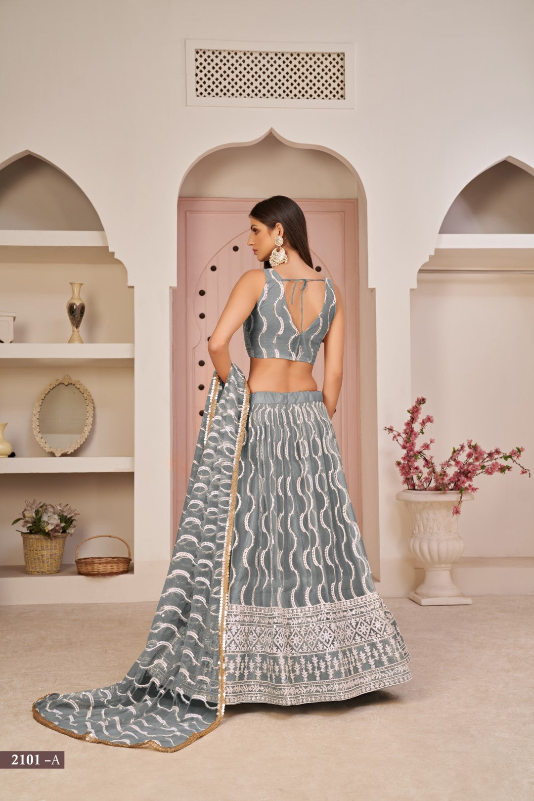 Women's Grey Net Thread Embroidery Lehenga Set - Gruhnaree