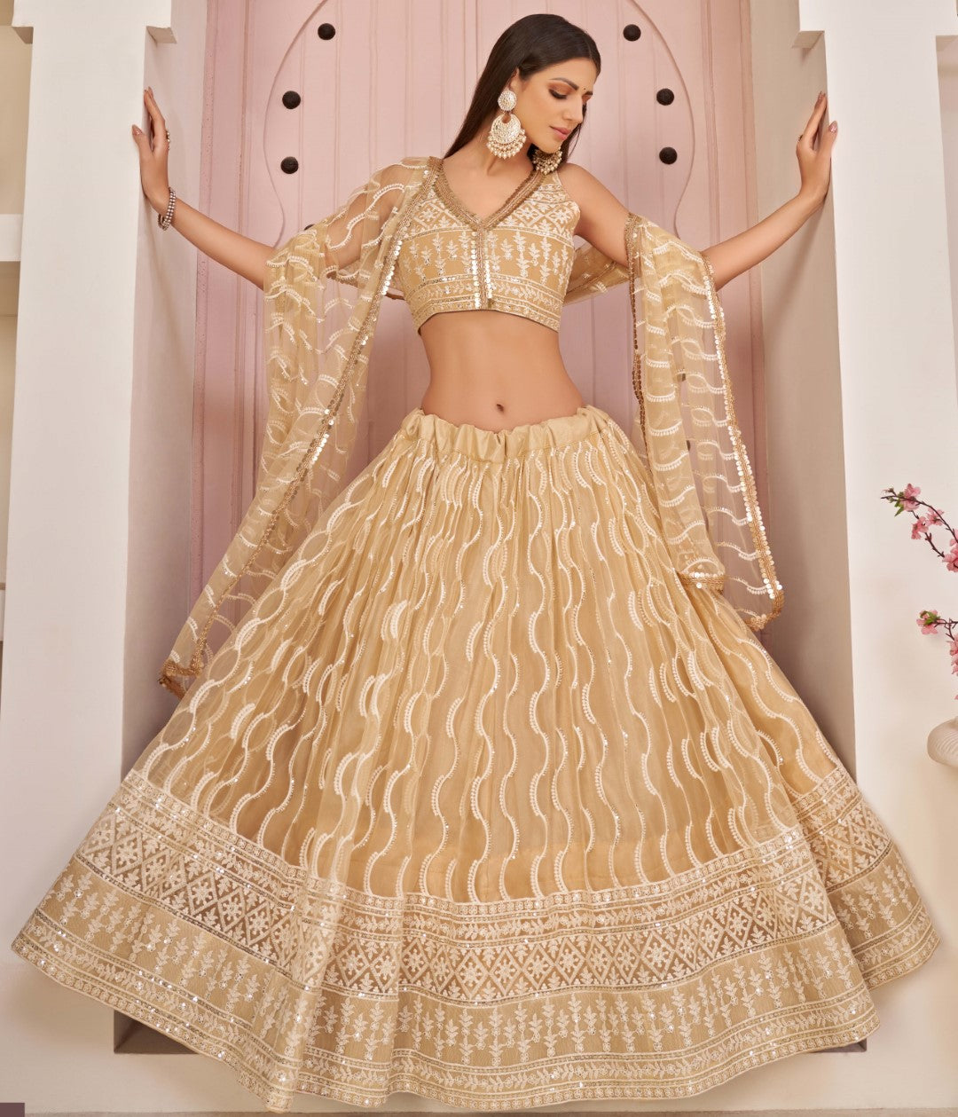 Women's Beige Net Thread Embroidery Lehenga Set - Gruhnaree