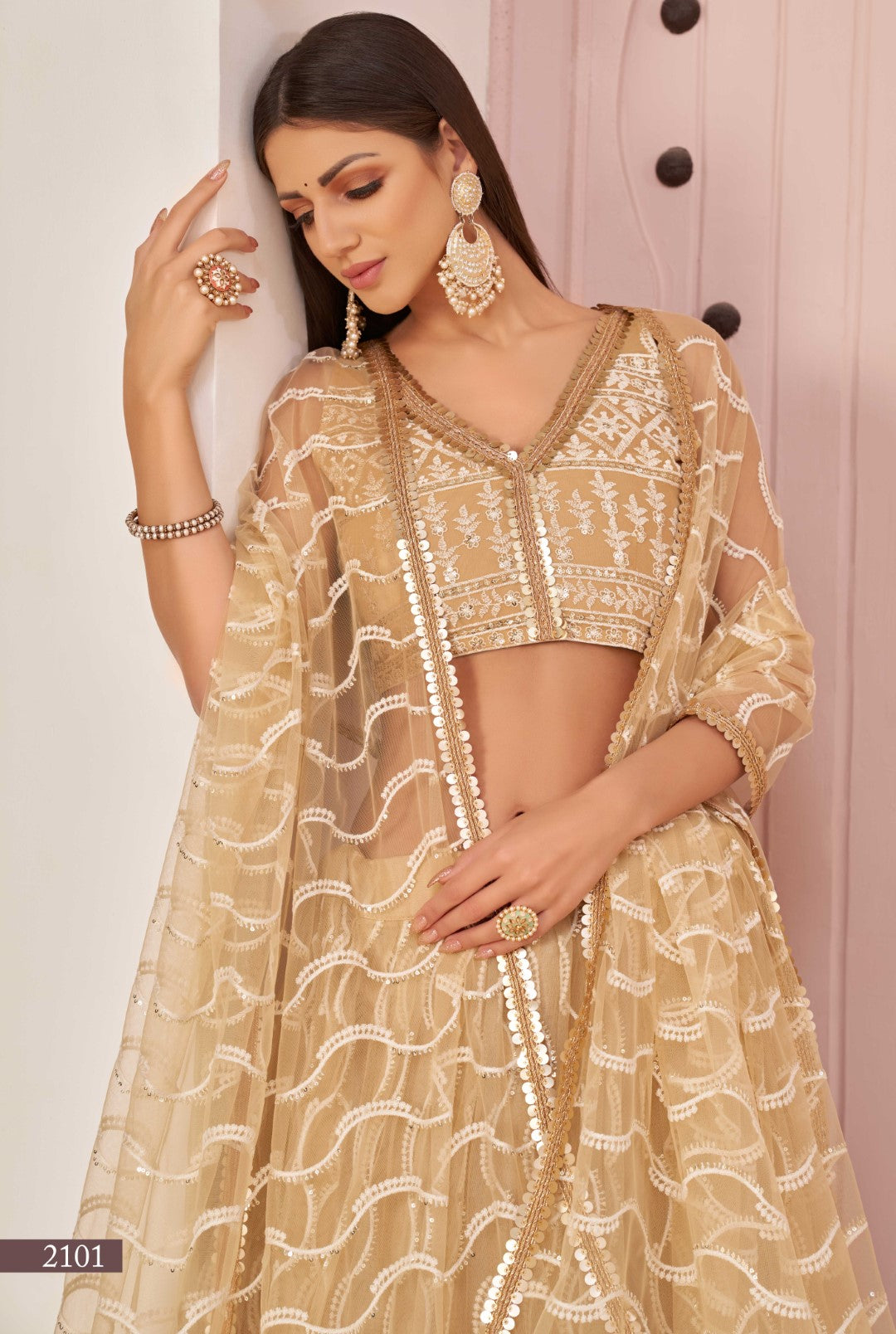 Women's Beige Net Thread Embroidery Lehenga Set - Gruhnaree