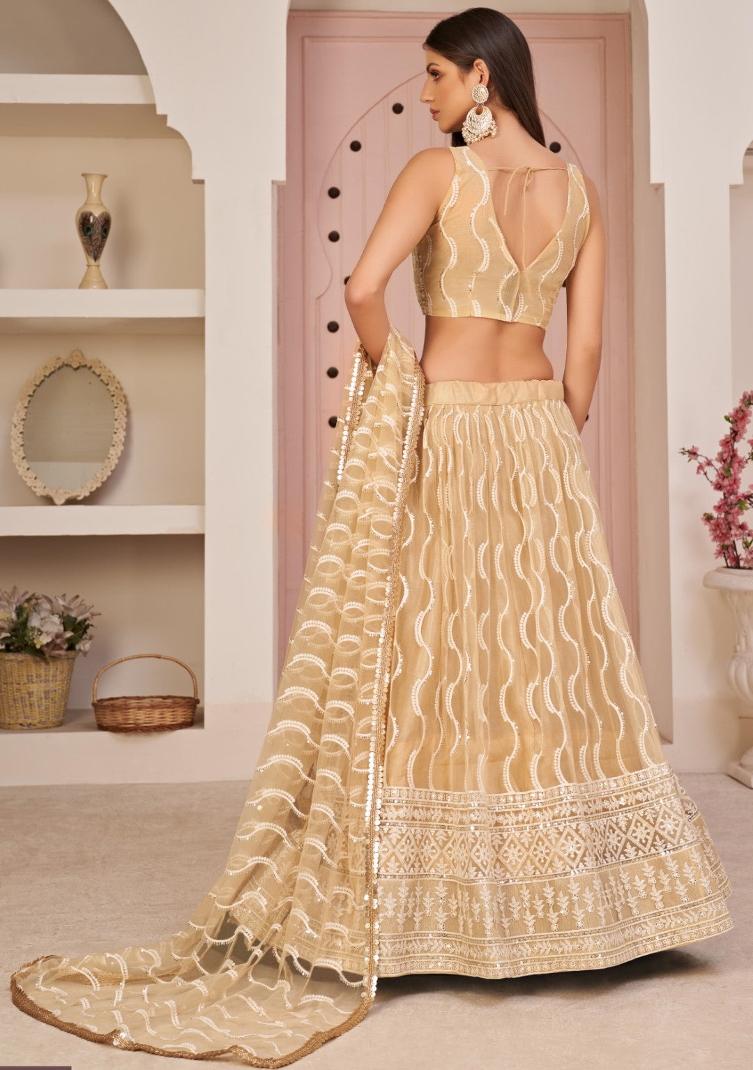 Women's Beige Net Thread Embroidery Lehenga Set - Gruhnaree