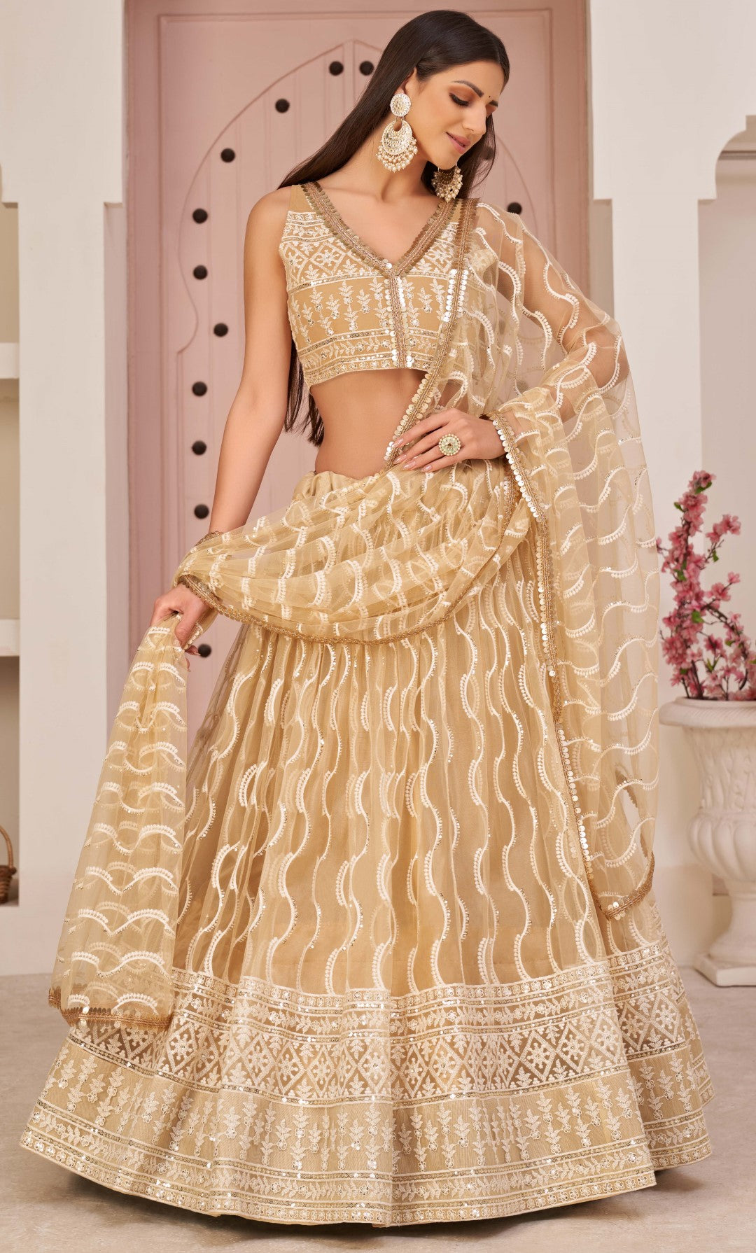 Women's Beige Net Thread Embroidery Lehenga Set - Gruhnaree