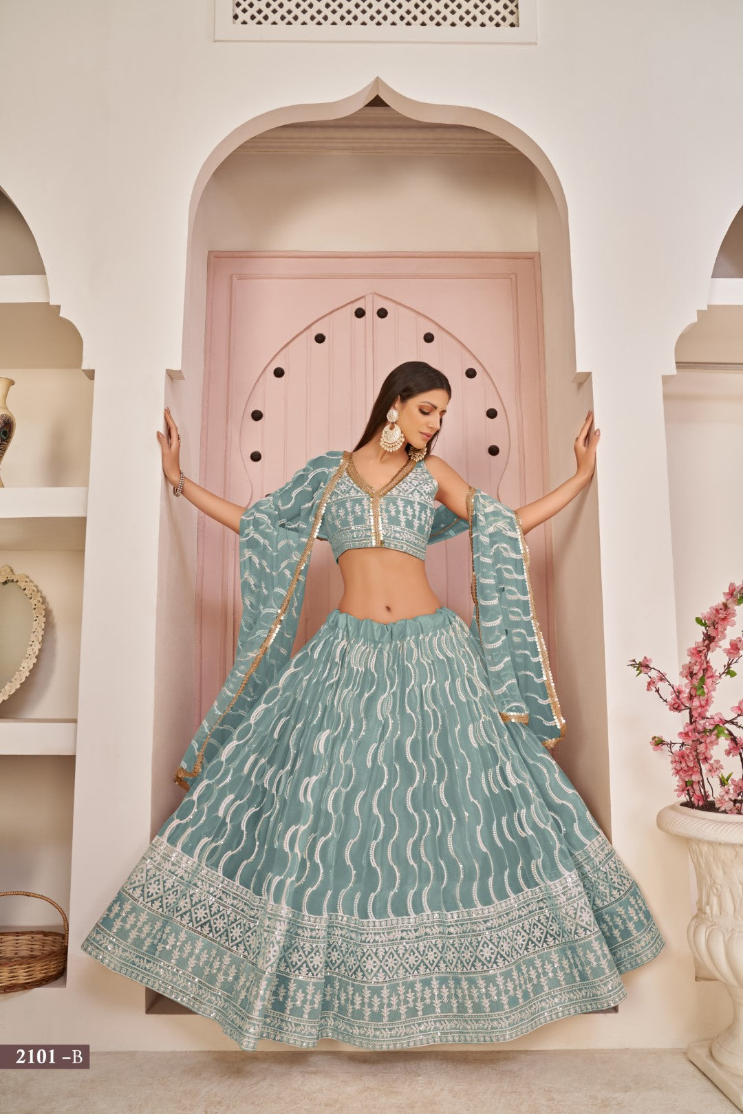 Women's Blue Net Thread Embroidery Lehenga Set - Gruhnaree