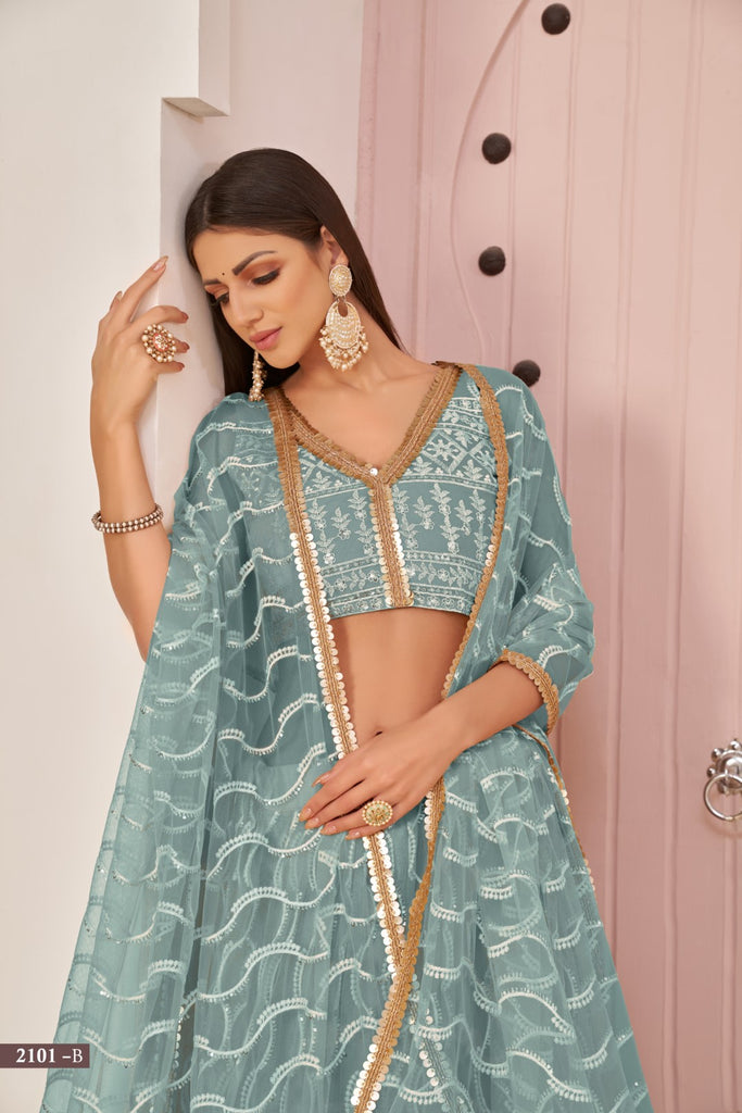 Women's Blue Net Thread Embroidery Lehenga Set