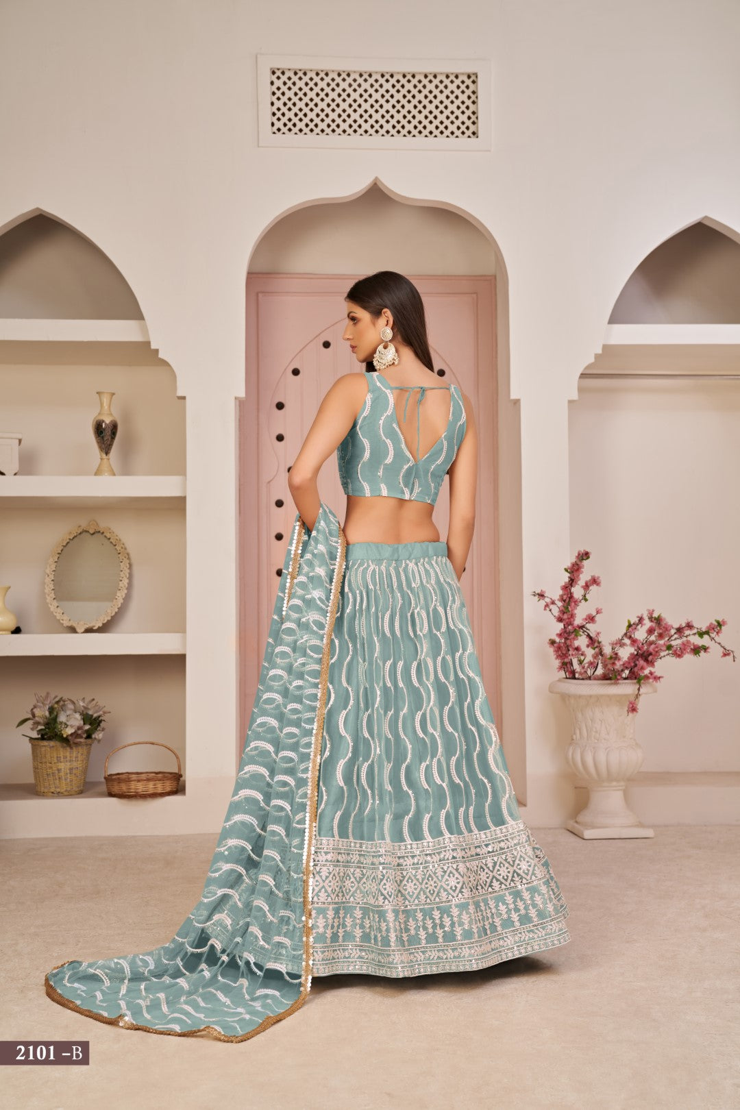 Women's Blue Net Thread Embroidery Lehenga Set