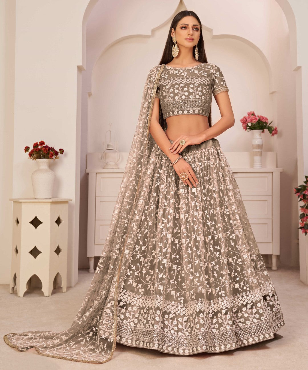 Women's Brown Net Thread Embroidery Lehenga Set - Gruhnaree