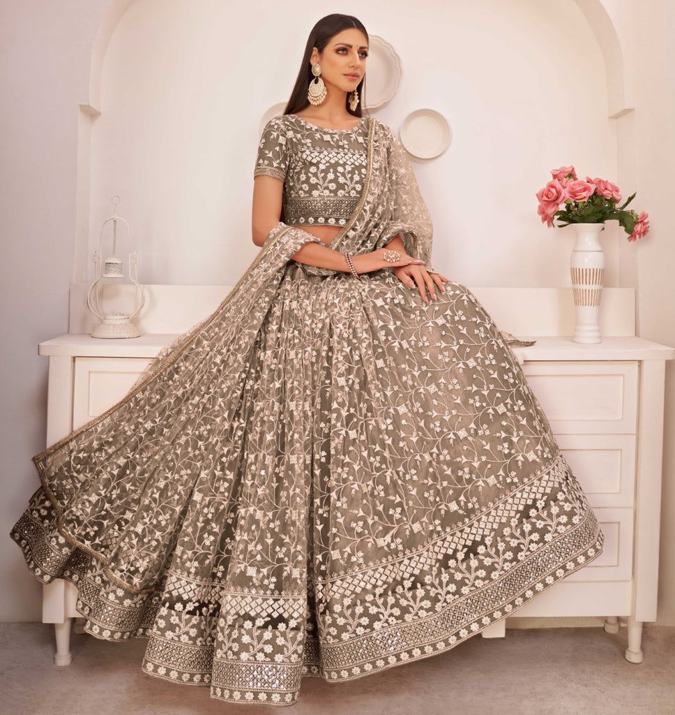 Women's Brown Net Thread Embroidery Lehenga Set
