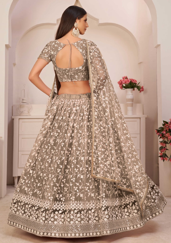 Women's Brown Net Thread Embroidery Lehenga Set