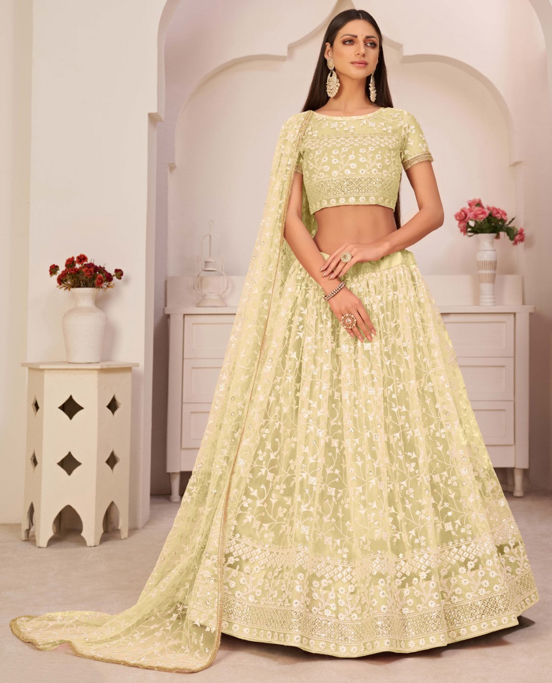 Women's Light Lemon Net Thread Embroidery Lehenga Set - Gruhnaree