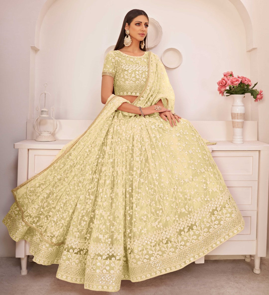 Women's Light Lemon Net Thread Embroidery Lehenga Set - Gruhnaree