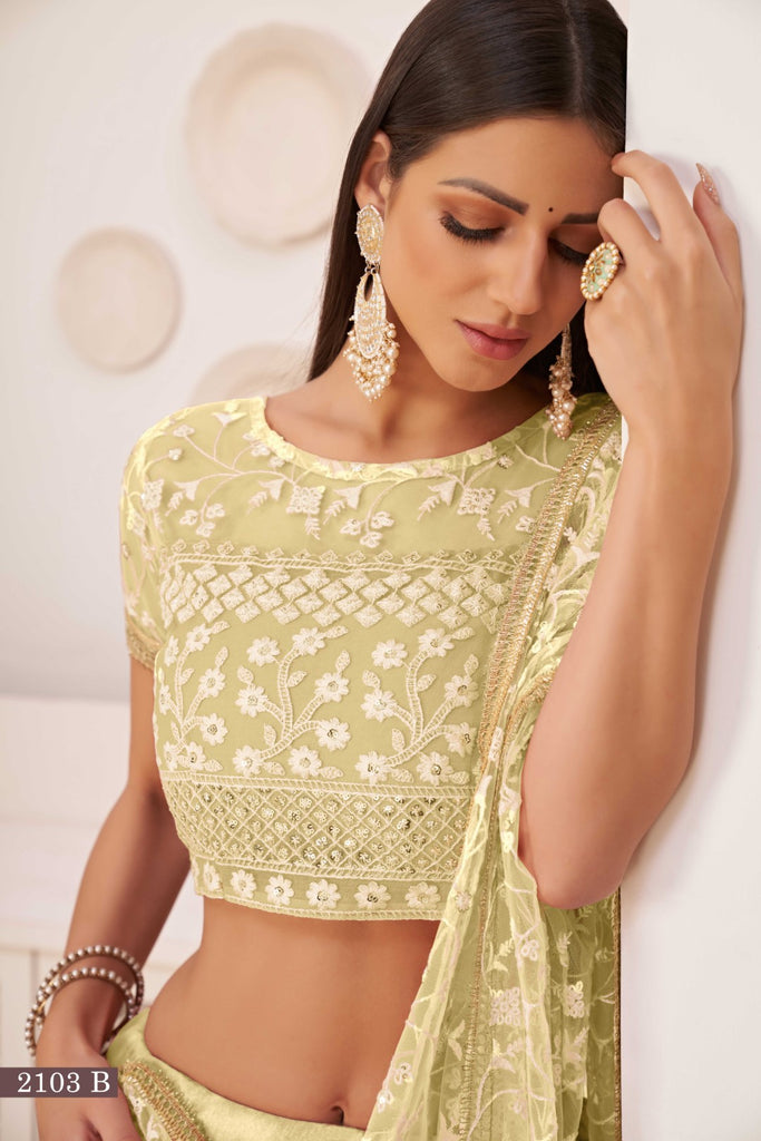 Women's Light Lemon Net Thread Embroidery Lehenga Set
