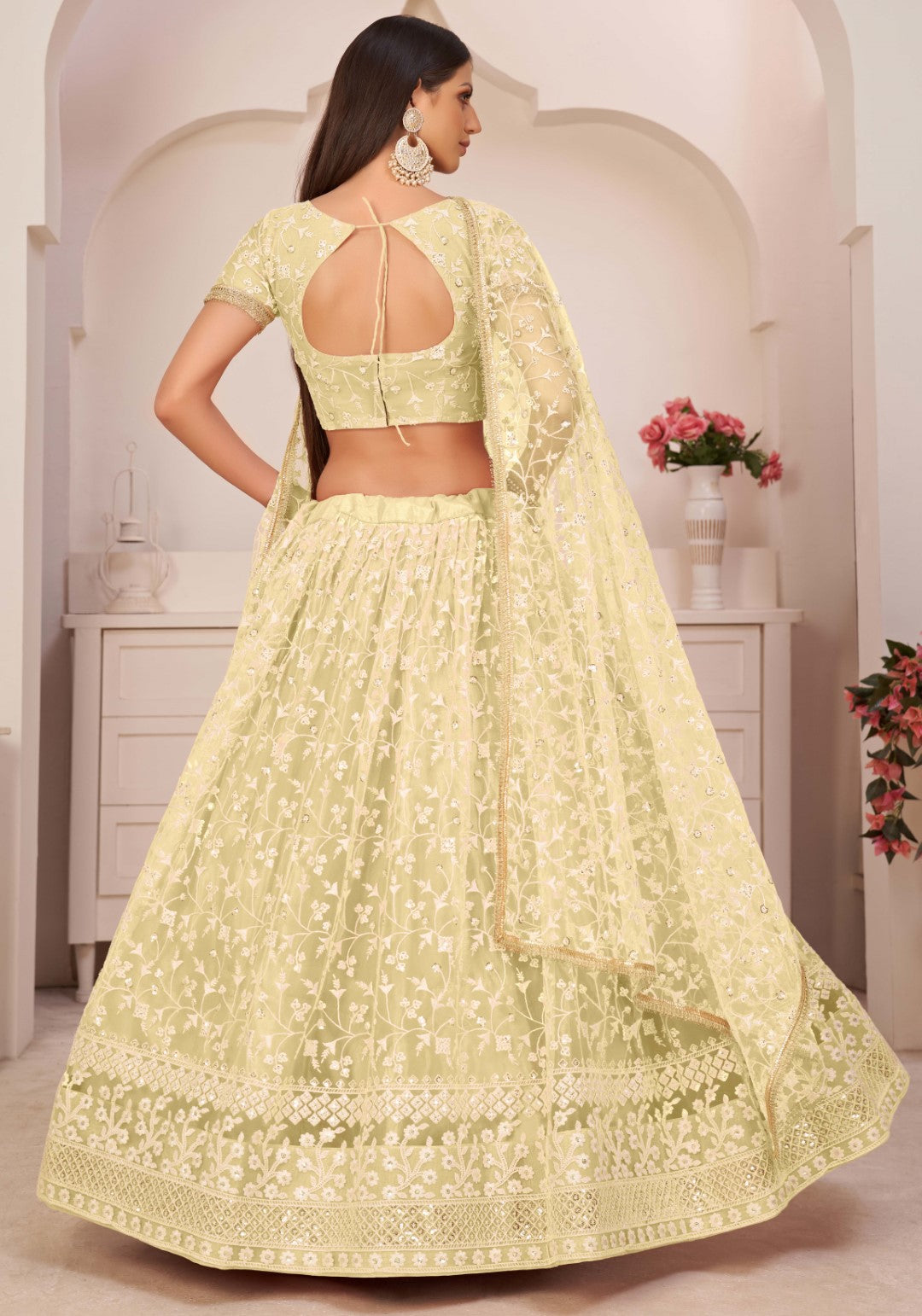 Women's Light Lemon Net Thread Embroidery Lehenga Set - Gruhnaree