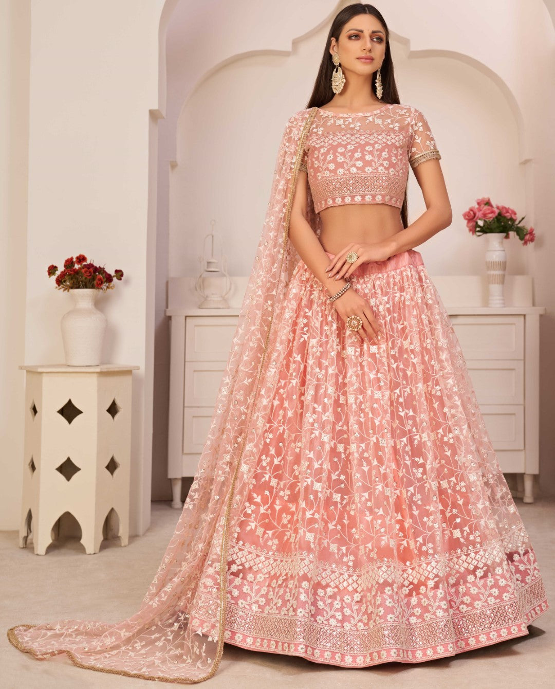 Women's Light Pink Net Thread Embroidery Lehenga Set - Gruhnaree