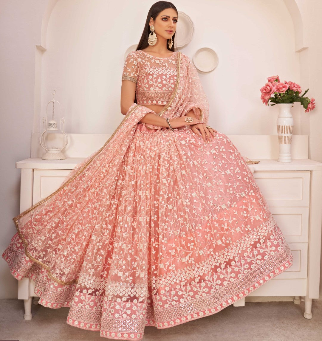 Women's Light Pink Net Thread Embroidery Lehenga Set - Gruhnaree