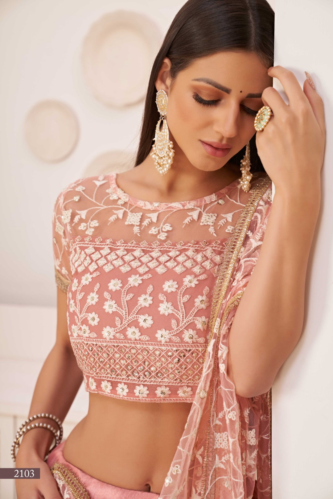 Women's Light Pink Net Thread Embroidery Lehenga Set - Gruhnaree