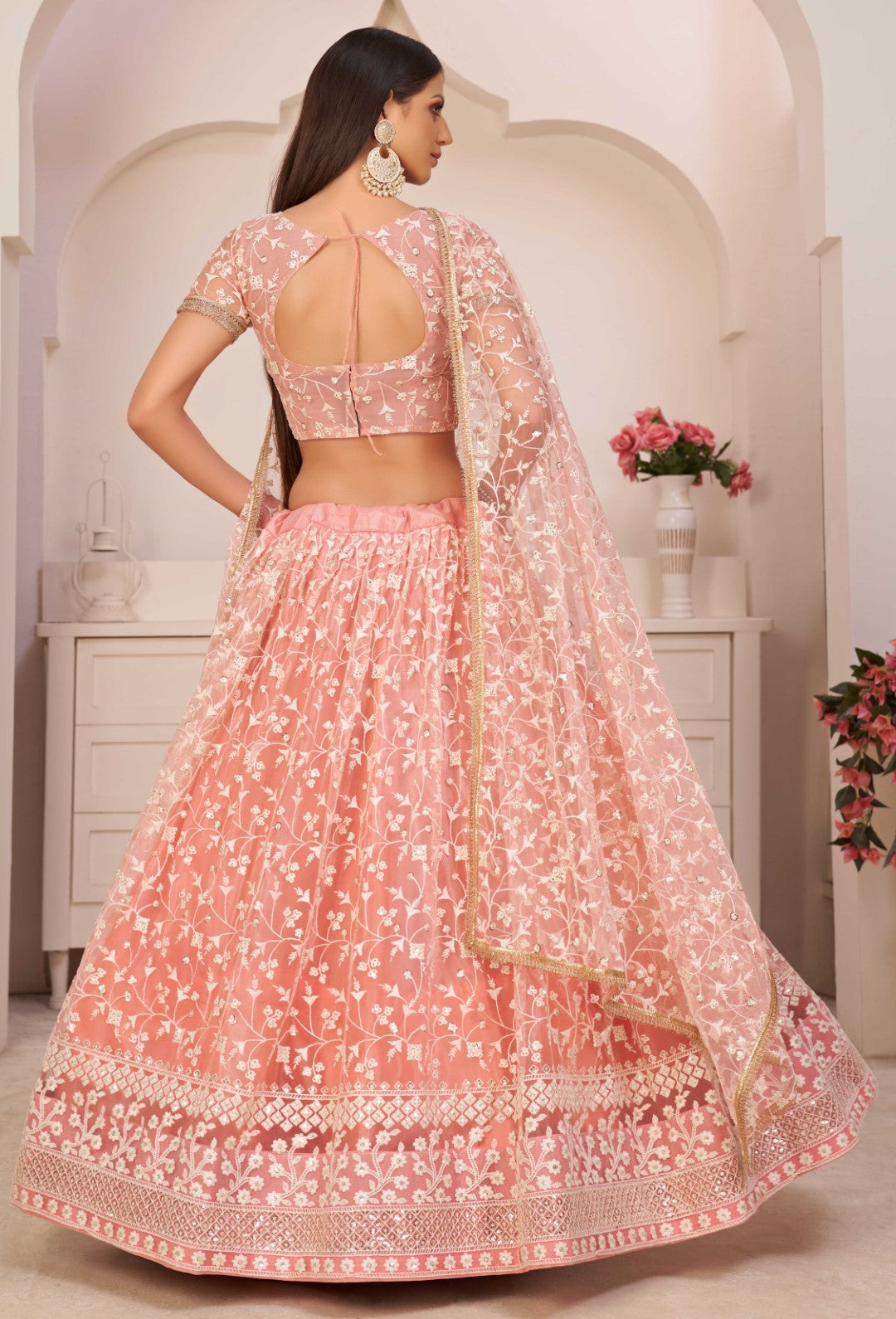 Women's Light Pink Net Thread Embroidery Lehenga Set - Gruhnaree