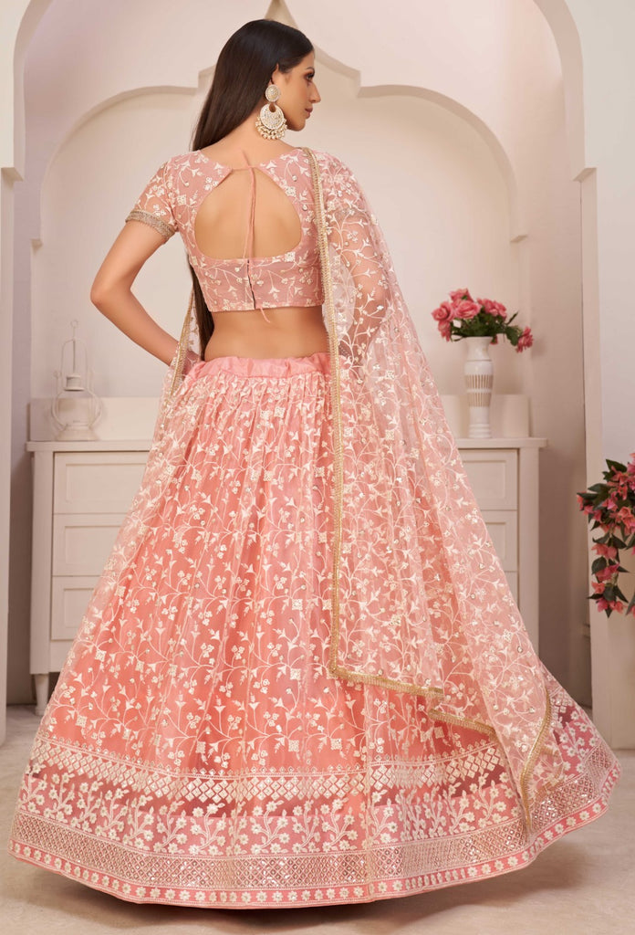 Women's Light Pink Net Thread Embroidery Lehenga Set