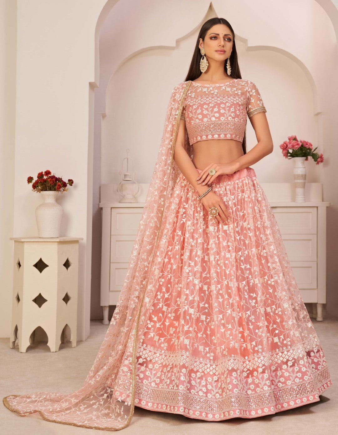 Women's Peach Net Thread Embroidery Lehenga Set - Gruhnaree