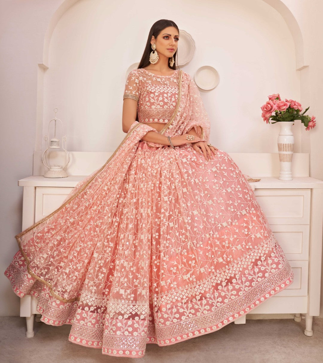 Women's Peach Net Thread Embroidery Lehenga Set - Gruhnaree