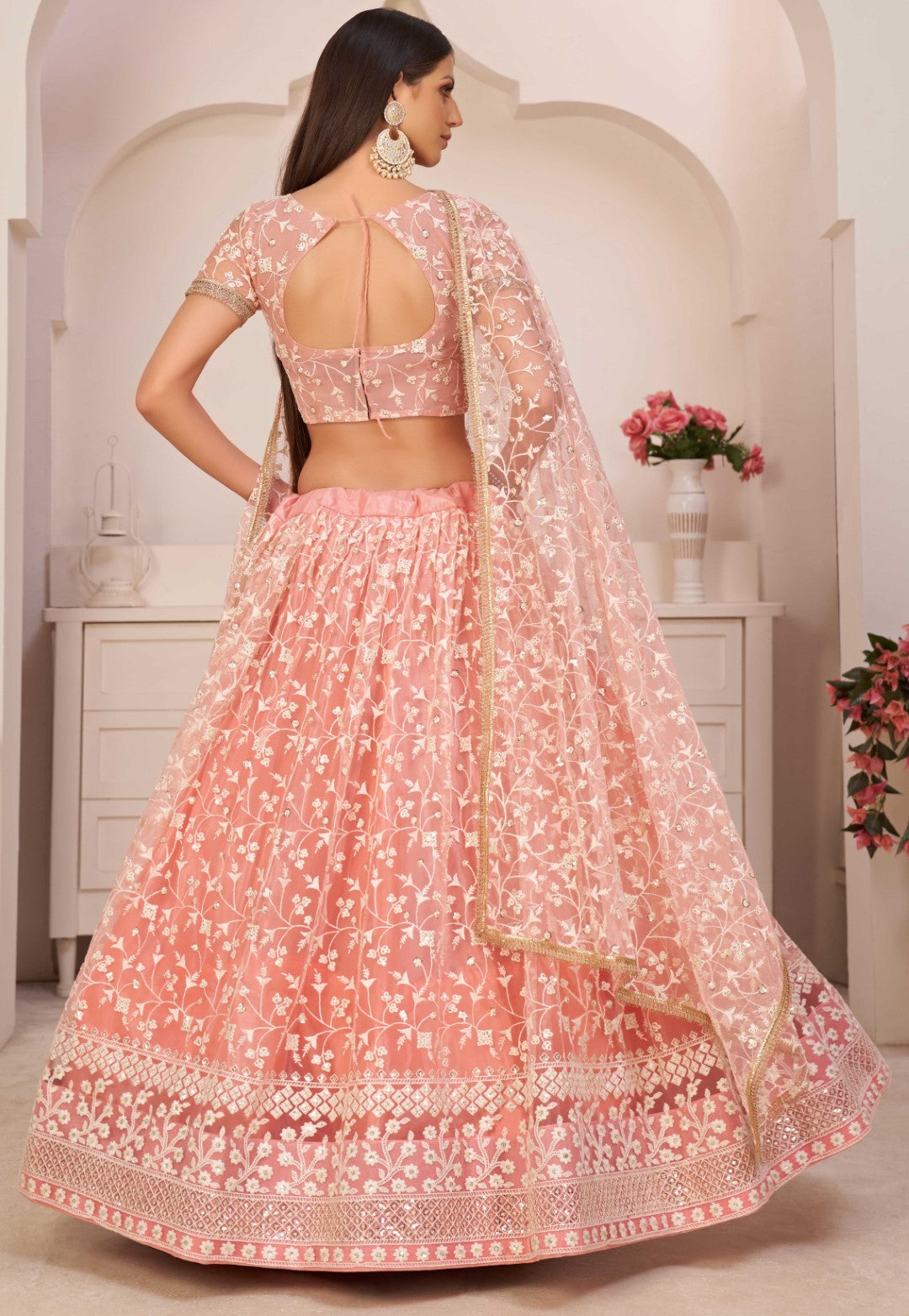 Women's Peach Net Thread Embroidery Lehenga Set - Gruhnaree