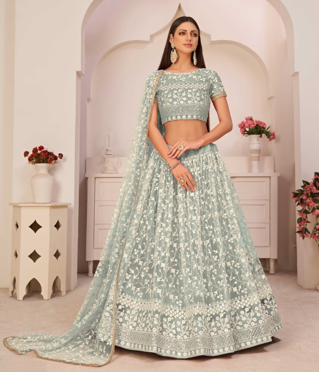 Women's Green Net Thread Embroidery Lehenga Set - Gruhnaree