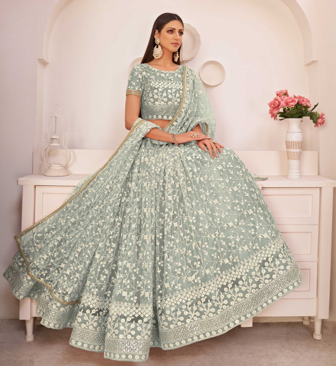 Women's Green Net Thread Embroidery Lehenga Set - Gruhnaree