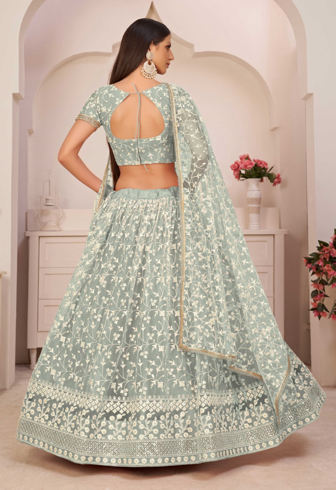 Women's Green Net Thread Embroidery Lehenga Set - Gruhnaree