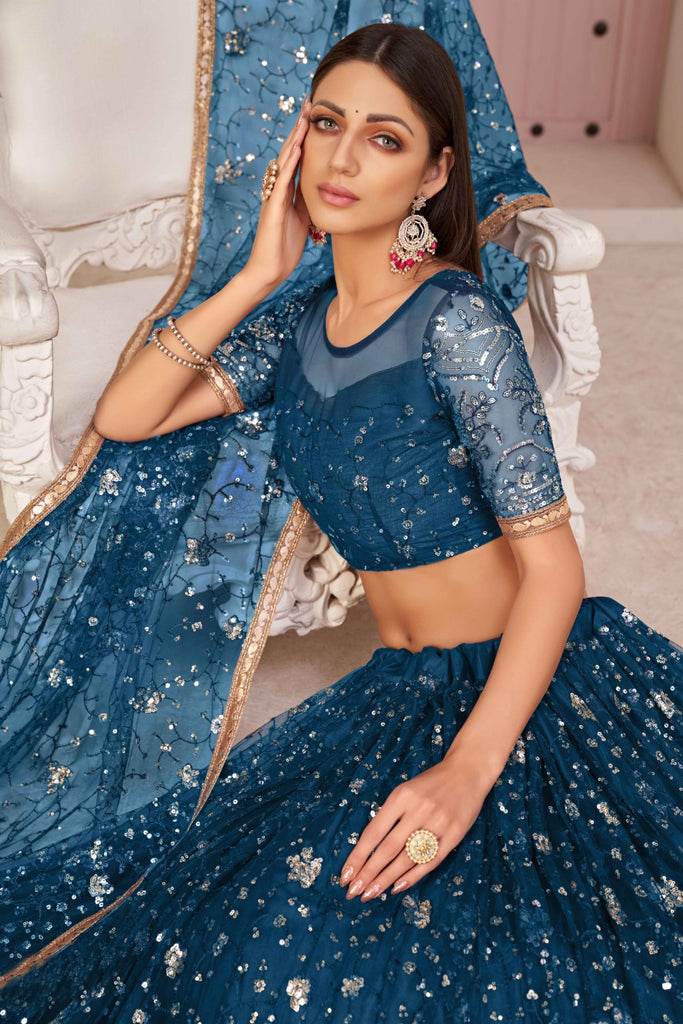 Women's Sea Green Net Thread Embroidery Lehenga Set