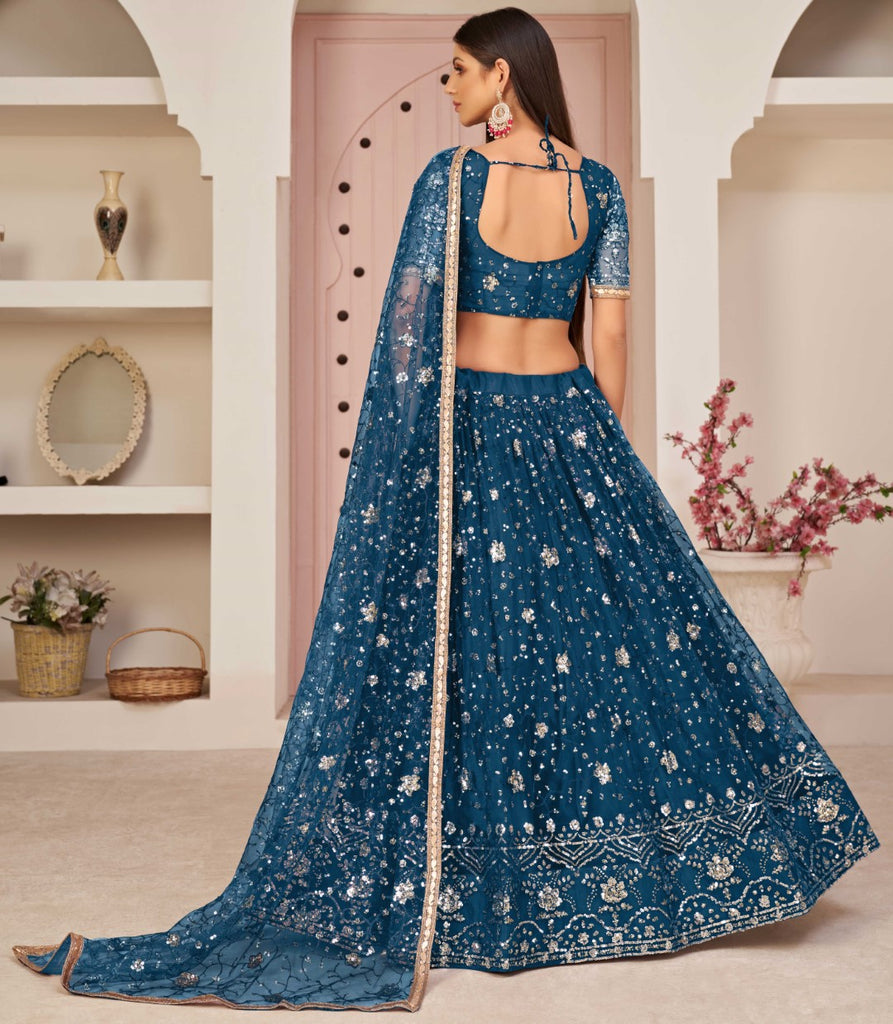 Women's Sea Green Net Thread Embroidery Lehenga Set