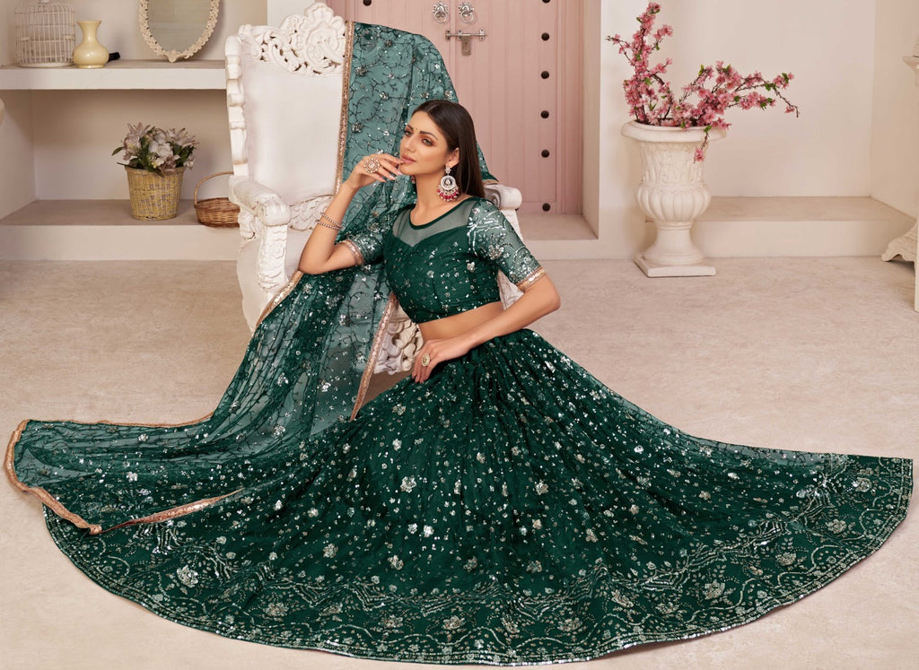 Women's Dark Green Net Thread Embroidery Lehenga Set
