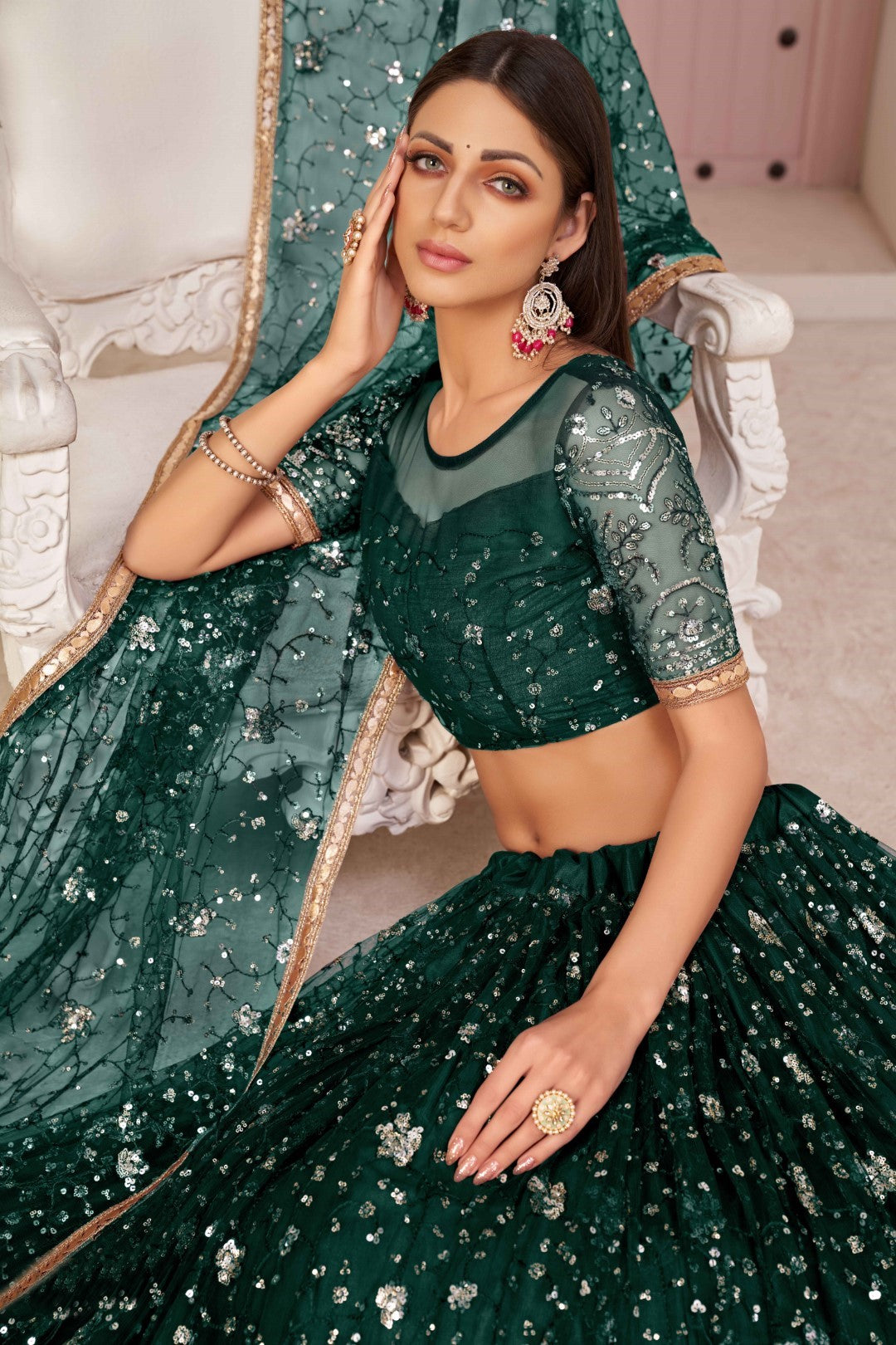 Women's Dark Green Net Thread Embroidery Lehenga Set - Gruhnaree