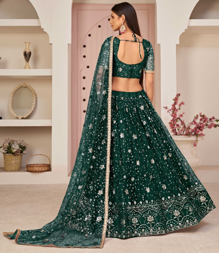 Women's Dark Green Net Thread Embroidery Lehenga Set