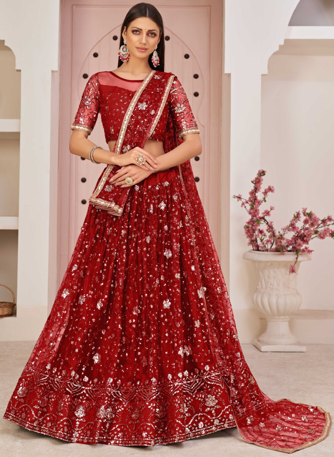 Women's Red Net Thread Embroidery Lehenga Set - Gruhnaree