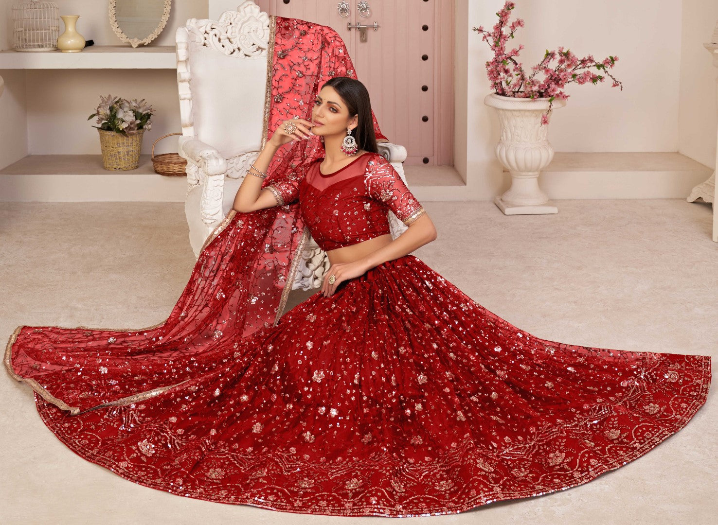 Women's Red Net Thread Embroidery Lehenga Set - Gruhnaree